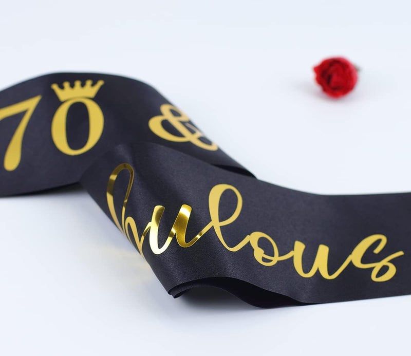 Docooniver 70th Birthday Sash for Women and Men 70&Fabulous Sash Black with Gold Foil Lettering - Image 4